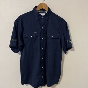 Poncho Short Sleeve Vented Fishing Shirt Navy Pearl Snap Button-Small Regular